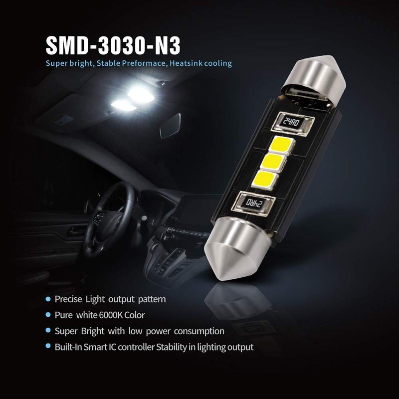 SIR IUS LED مصابيح LED SIR IUS N3 578 بيضاء نقية فائقة السطوع LED فستون 300 لومن شريحة 3030 لداخل السيارة والشاحنة أضواء القبة والخريطة والباب وأضواء المجاملة 1.72 بوصة 41 مم 211-2 212-2 569 حجم عبوة من 6 - Image 5